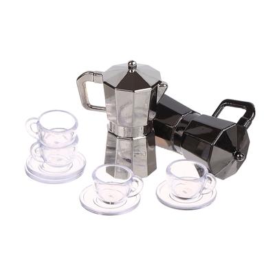 1Impostare1:12 caffettiere in miniatura per casa delle bambole, bollitore in metallo, caffettiera moka con vassoio per tazze, modello di cucina, giocattolo, accessori per casa delle bambole