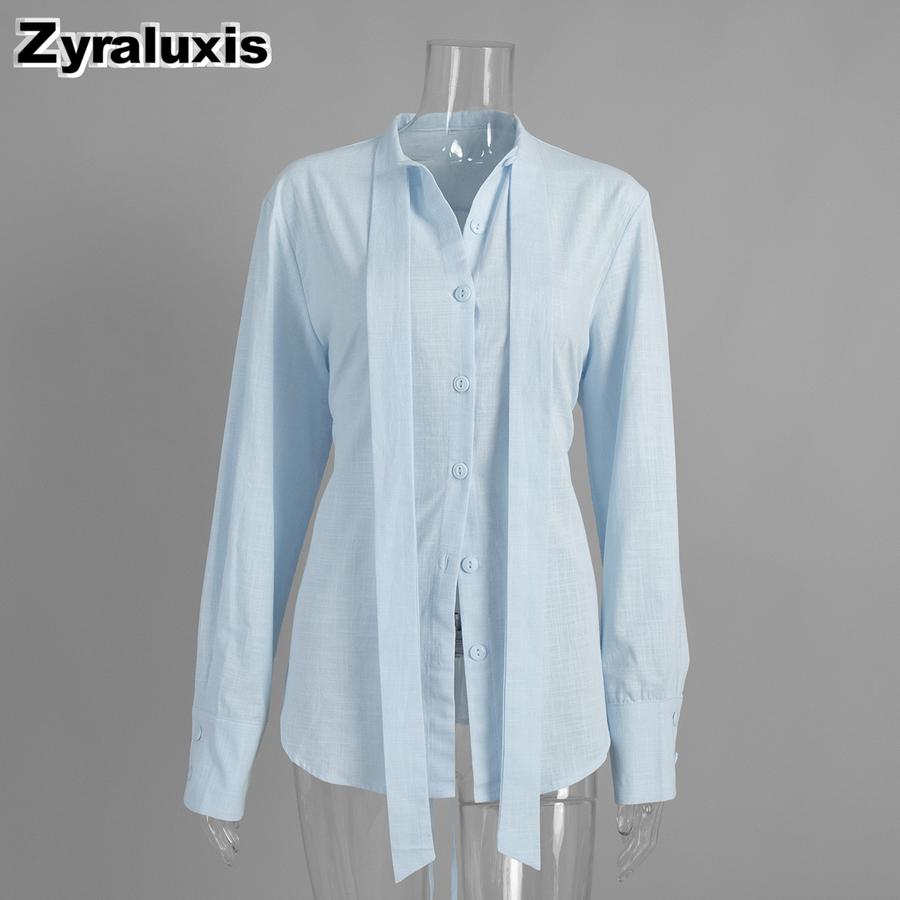 Rope Belt Shirt Women Autumn New Arrivals Tulle Overlay Casual Loose Fit Cotton Slim Fit Shirt S светло-синий
