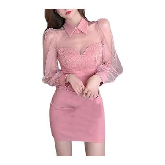 [Toa Soa] Tight Dress, Women s, Mini, Beautiful, Long Sleeve, Tulle, Switchable Collar Included