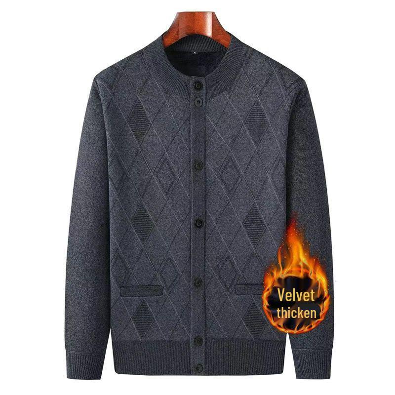 Men's V-Neck Thick Fleece Cardigan: Warm Knitwear for Dad and Grandpa