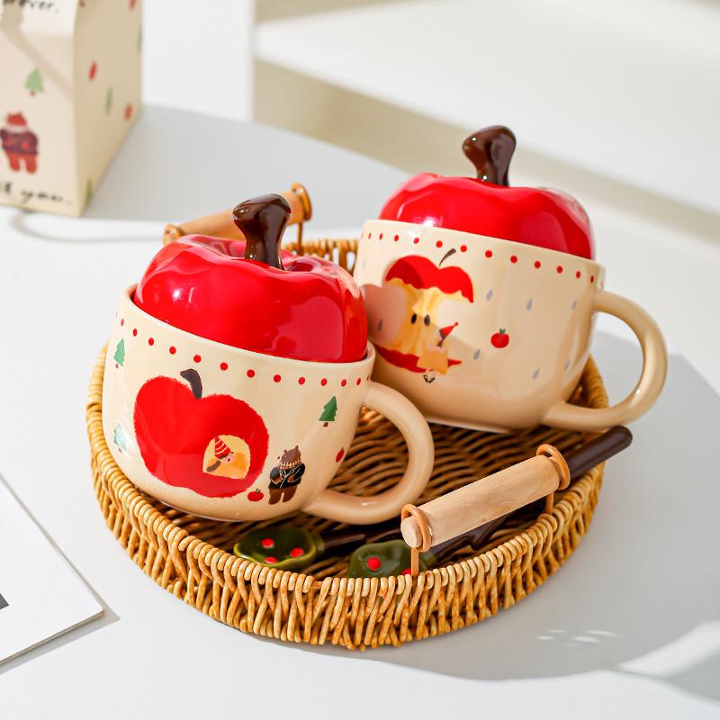 New Year Gift Gifts From Friends Elders Retro Apple Cup with Lid with Spoon Mug Gift Box for Best Friend Birthday Gift