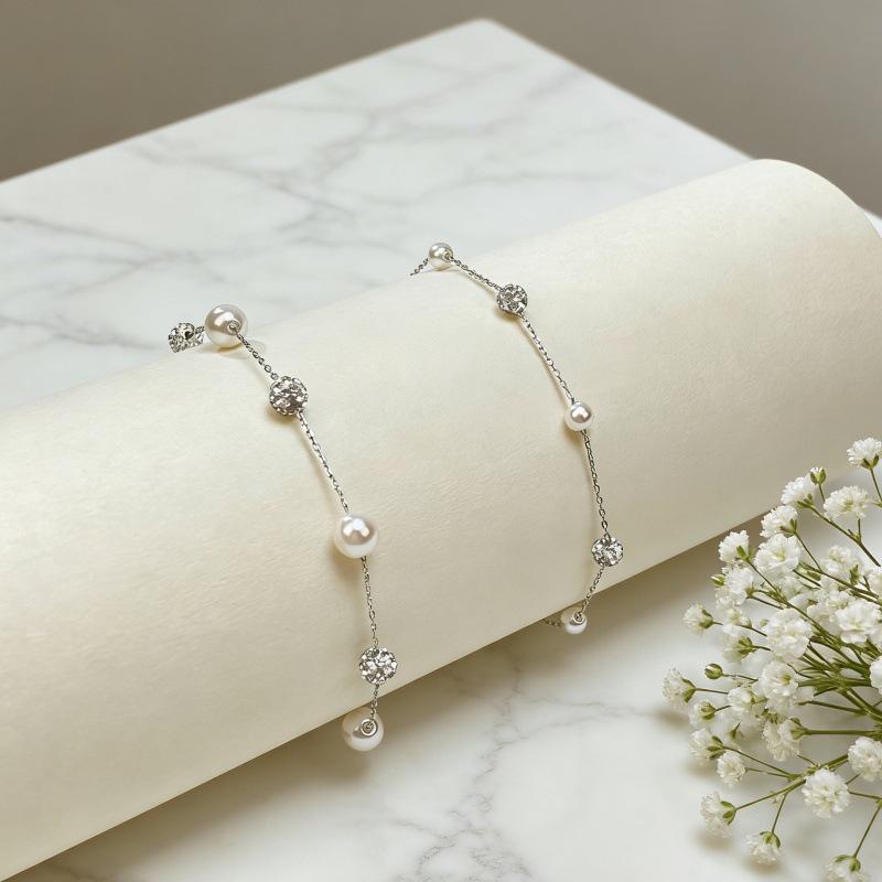 S925 Sterling Silver Sparkle Diamond Ball & Pearl Bracelet - Versatile and Fashionable Full of Stars Design