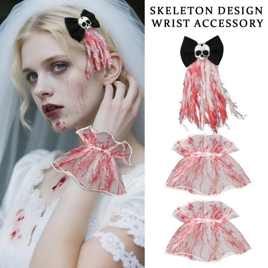 Halloween Blood Mesh Accessory Short Fingerless Wrist Gloves Spooky Skull Bow Hairpins for Halloween Masquerade Cosplay Party