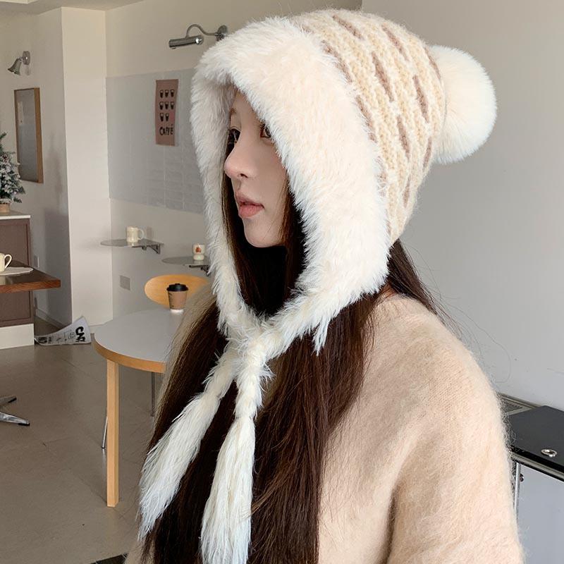 Retro striped fleece ear protector wool hat women's winter thickened plush Lei Feng hat outdoor cold-proof lace-up knitted hat tide
