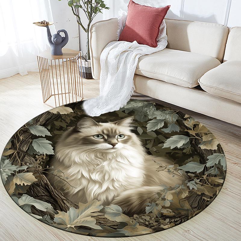 Ragdoll cat and grass pattern round rug,Carpet Rug for Living Room Bedroom Playroom ,Non-slip Floor Mat,Holiday Gifts and Birthday Gifts.
