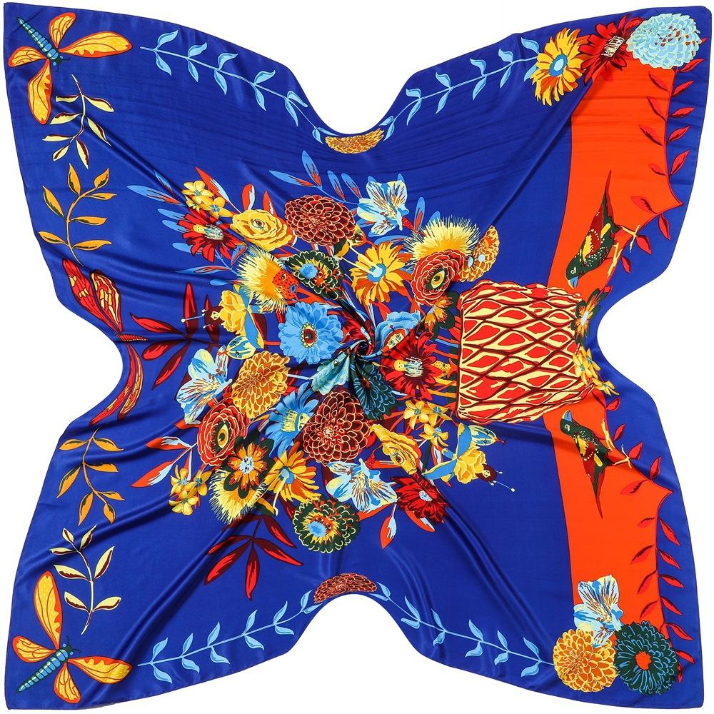 New Silk Scarf Women Large Shawls Bottle Flowers Square Scarves Wraps Bandana Luxury Kerchief Hijab Scarf Female Foulards