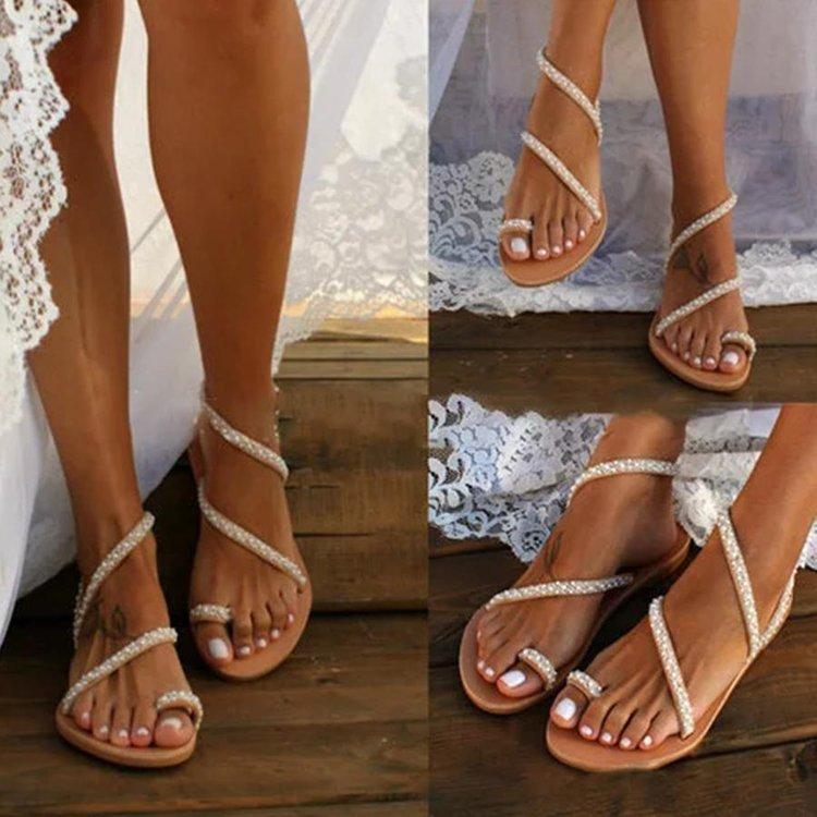 Summer 22 new set of toe sandals flat-bottomed rhinestone sandals large size beach shoes sandals 43 белый