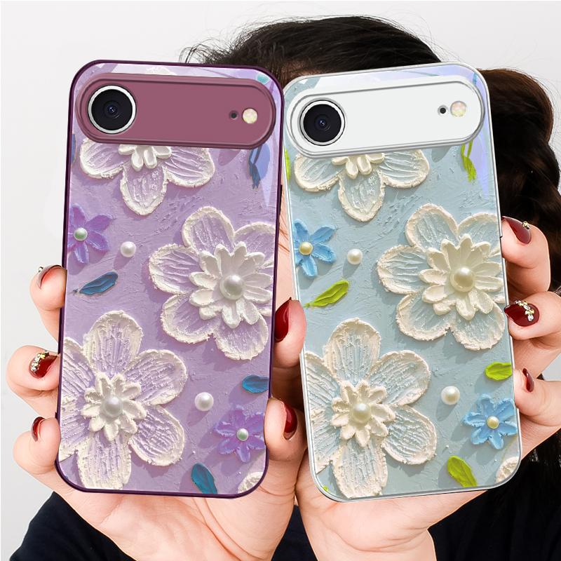 Kremas ryžiai balti žiedlapiai Skirta iPhone 17 Air 16 E 15 14 13 Plus 12 mini 17 Pro Max 11Pro XR Xs 16E 7 8 11 Grūdintas stiklas telefono dėklas