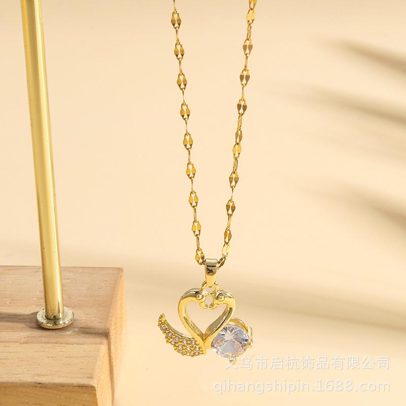 

Titanium Steel Necklace Female Senior Personality Versatile Mandarin Duck Playing Water Zircon Pendant Collarbone Chain Gift