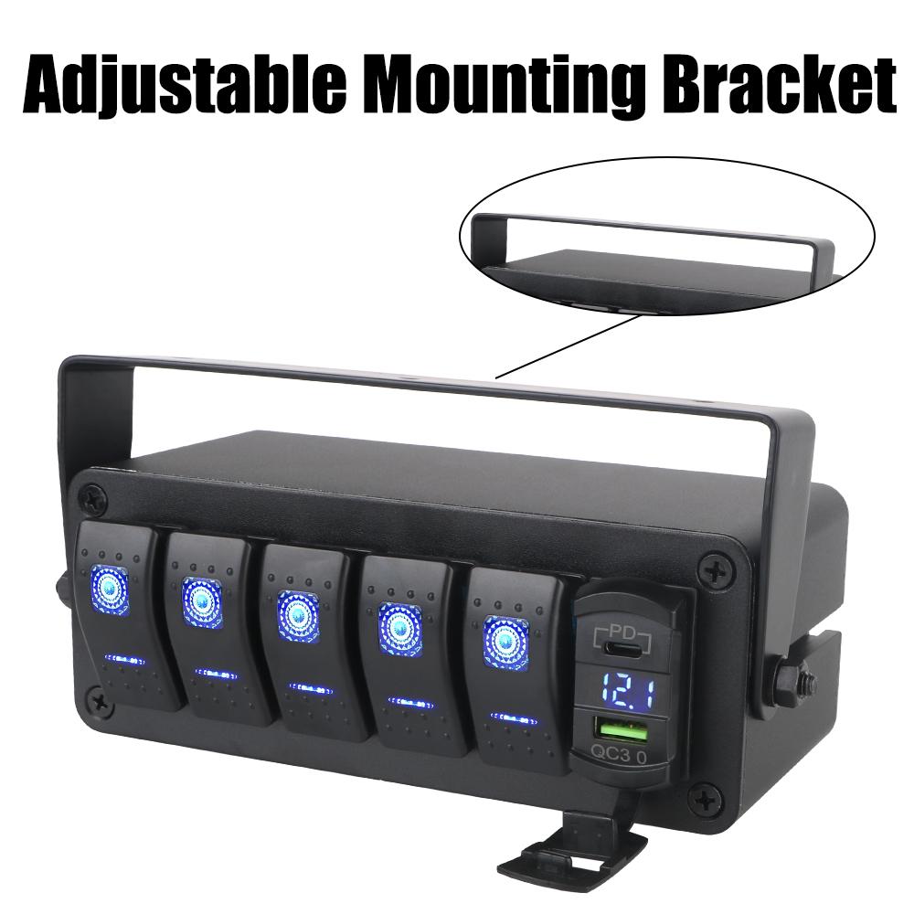 DC 12V/24V 2/3/4/5 Gang Biltilbehør Bil Marine Strømbryter PD+QC Hurtiglading Bryterpanel Digitalt Voltmeter