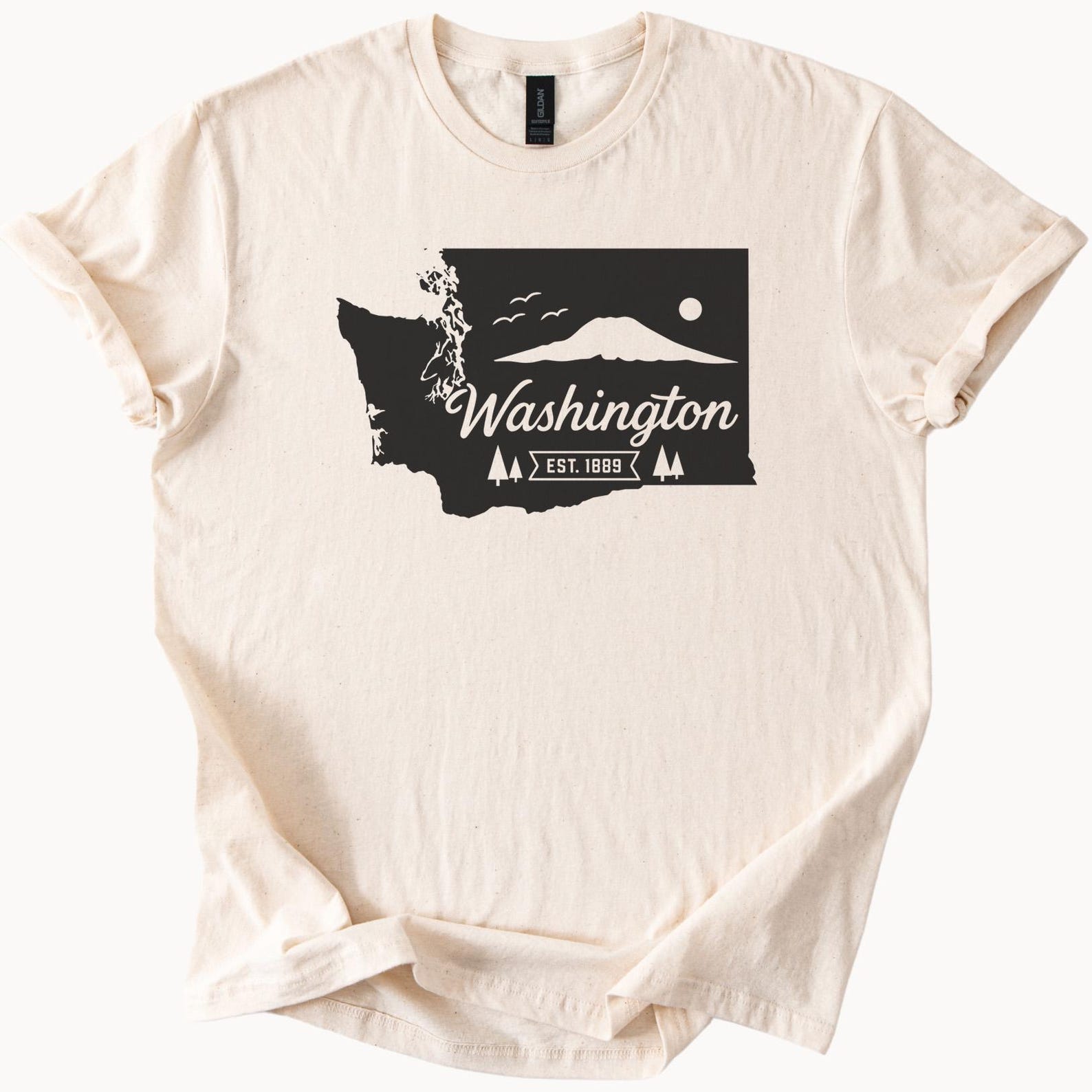 Washington State Graphic T Shirt Mountain Trees Map Outline Pacific Northwest Nature Scene Est 1889 Short Sleeve Soft Tee 150