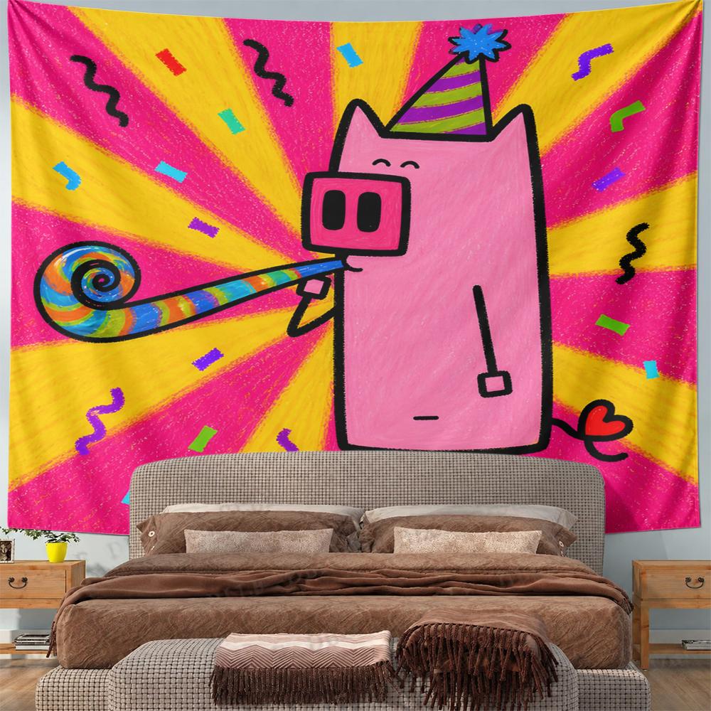 Wide Wall Tapestry Pink Pig Party Hat Party Blower Confetti, Pink Yellow, Wide Decor for Adult Dorm Fun Gift