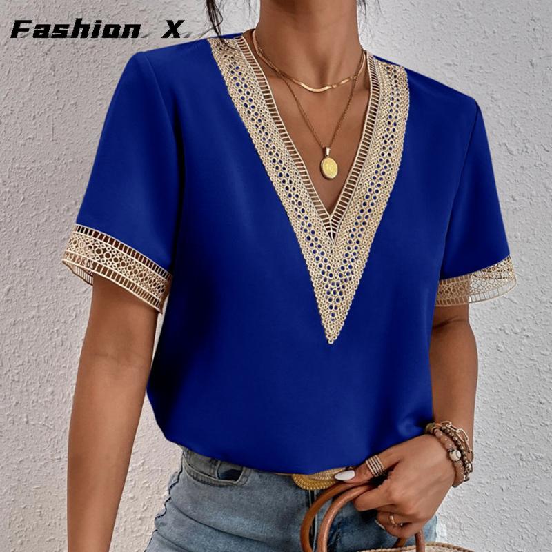 Damen Kurzarm Shirt Sommer T-Shirt V-Ausschnitt Spitze Lockeres Oberteil