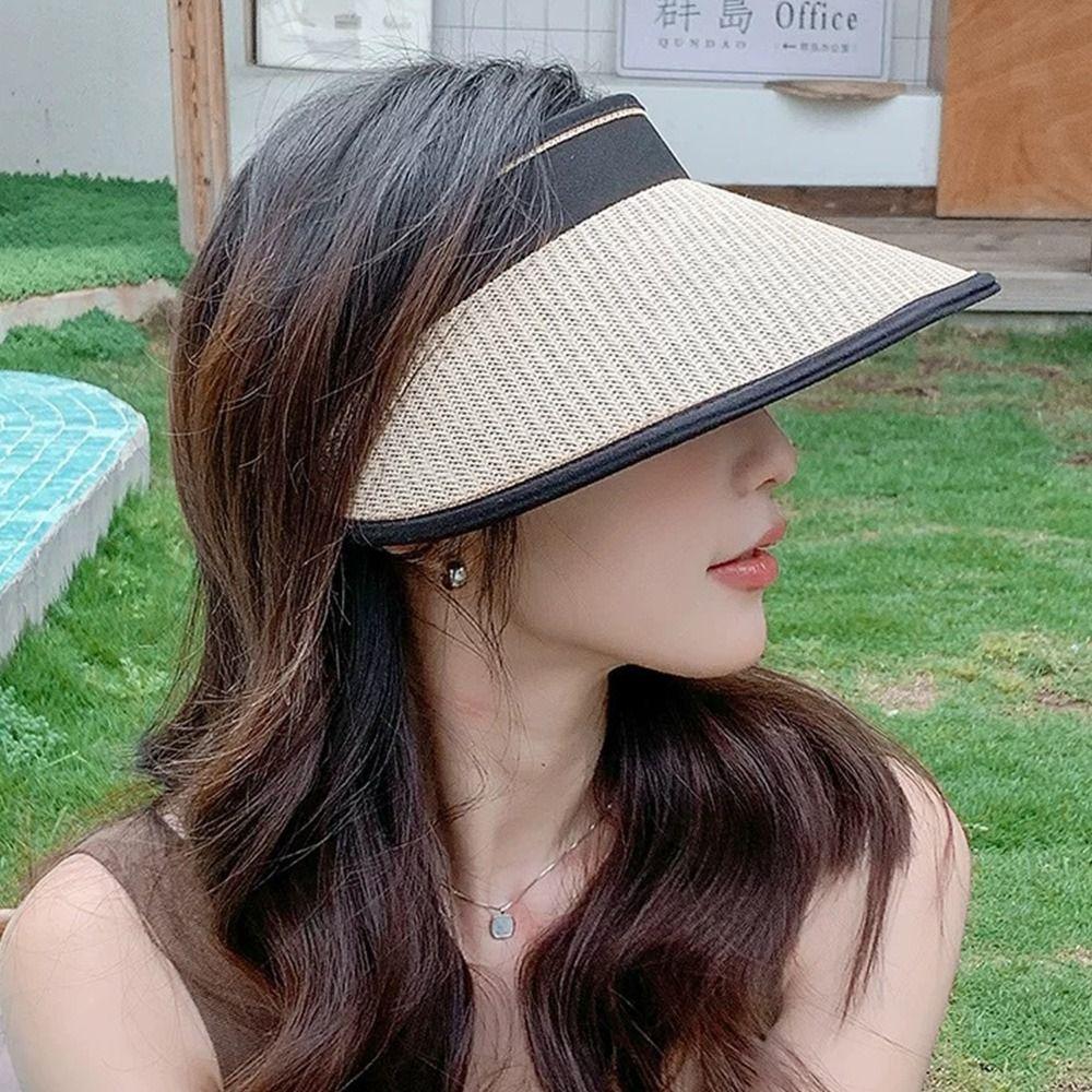 Plaited Design Foldable Bucket Hat Woven Straw Straw Hat Visor Design Beach Hat  Sun Protection