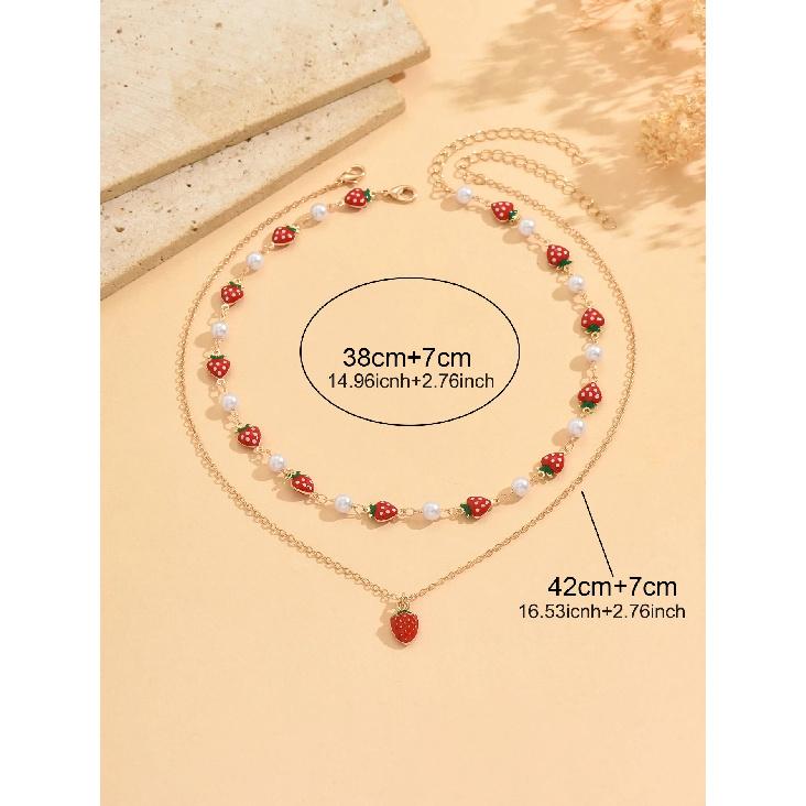 2Pcs Layered Strawberry Pearl Necklace Set for Women Cute Sweet Dainty Adjustable Summer Vacation Beach Jewelry Gift