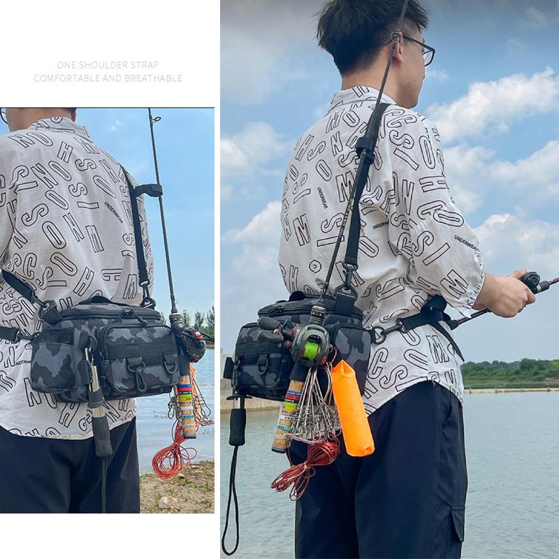 Fishing Tackle Backpack Storage Waist Bag Men Outdoor Shoulder Fishing Lure Gear Bags with Rod Pole Holder Camping Hiking Pack