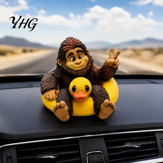 Playful Tabletop Accent Sasquatch And Duck Figurine, on Swimming Ring Statue, Humorous Home Space Decor Funny Animal Statue for Shelf Decorative