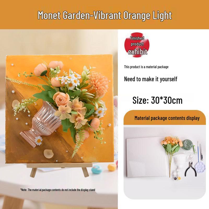 3D French Flower Arrangement DIY Kit: Monet’s Garden Oil Painting with Preserved Flowers & Plaster Ornaments - Ideal for Team Building Activities