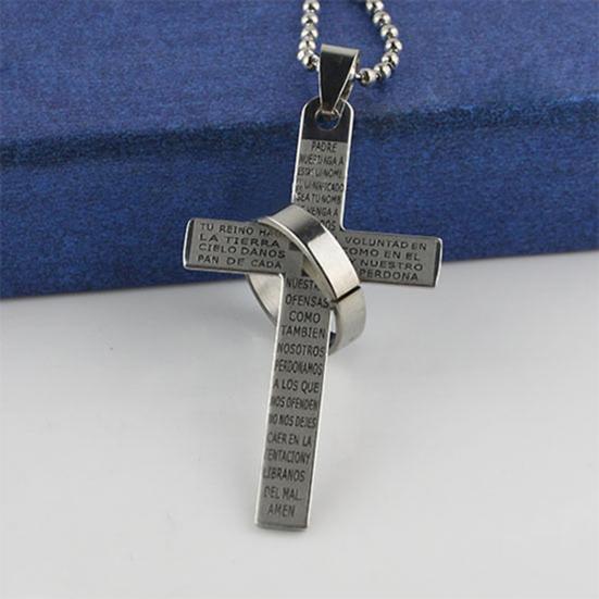 Men Stainless Steel Prayer Cross Ring Pendant Ball Chain Punk Necklace Jewelry