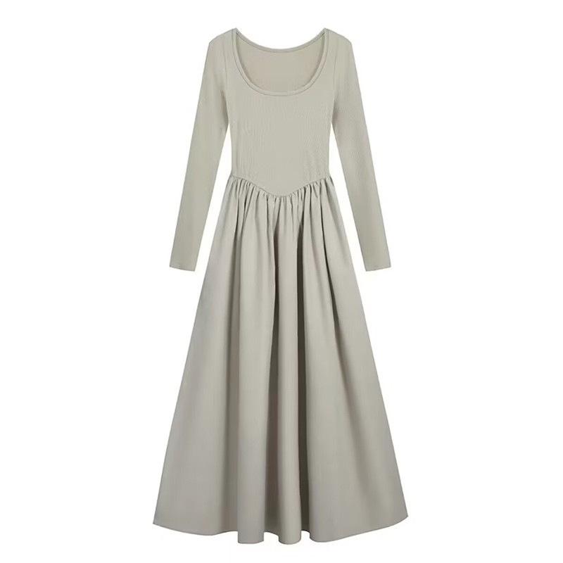 French square collar dress women's autumn feeling skirt temperament waist thin long sleeve A-shaped skirt niche long skirt