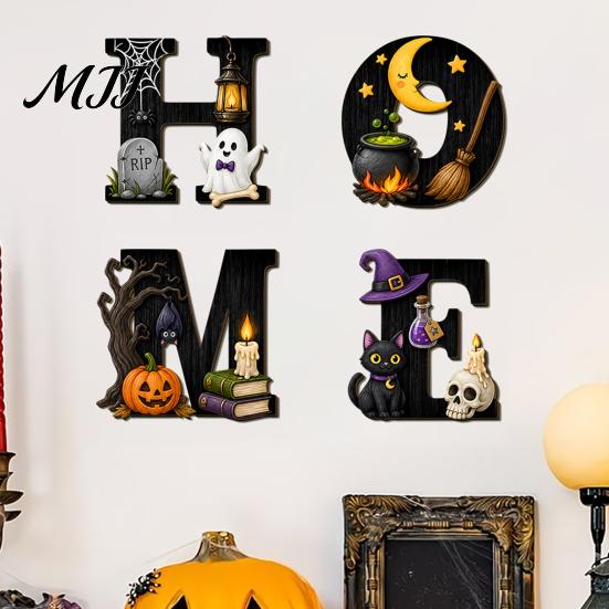 Holiday Home Accents Halloween HOME Letter Wall Hanging Ornament, Wooden Festive Decor with Ghost Skull Party Supplies Pumpkin Black Cat Bat Elements