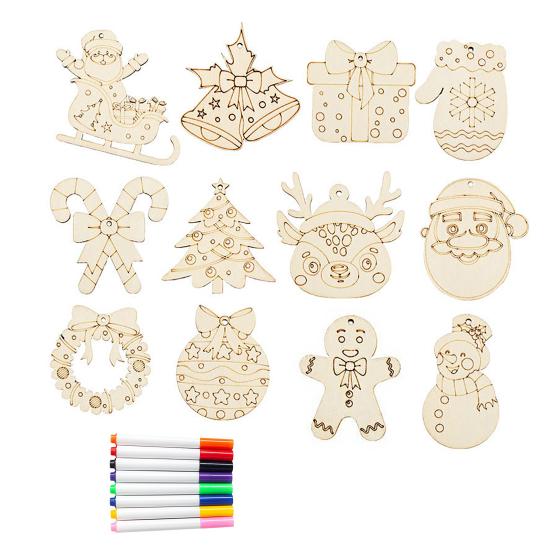12 Pcs Wooden Christmas Ornaments To Paint Diy Blank Unfinished
