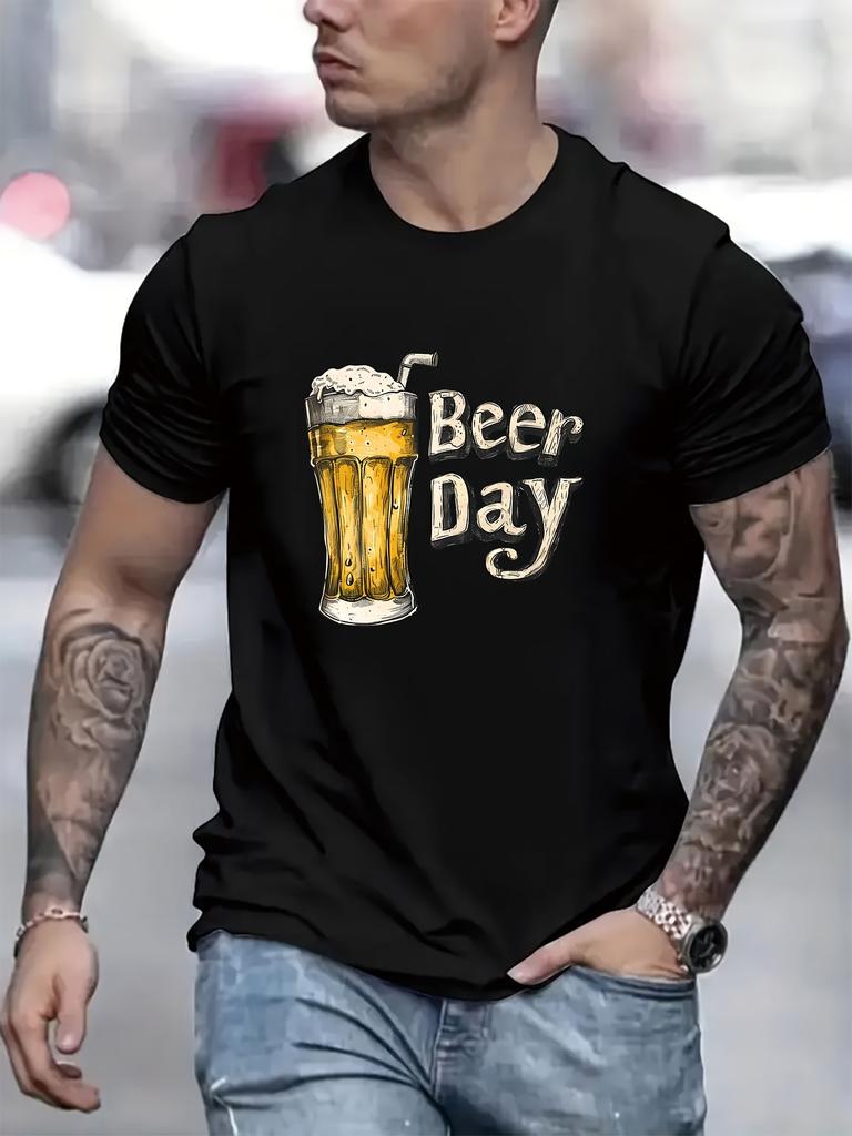 Mens casual pattern printed Tshirt Water saving Drinking Beer design white round neck Tshirt with beer cup and faucet