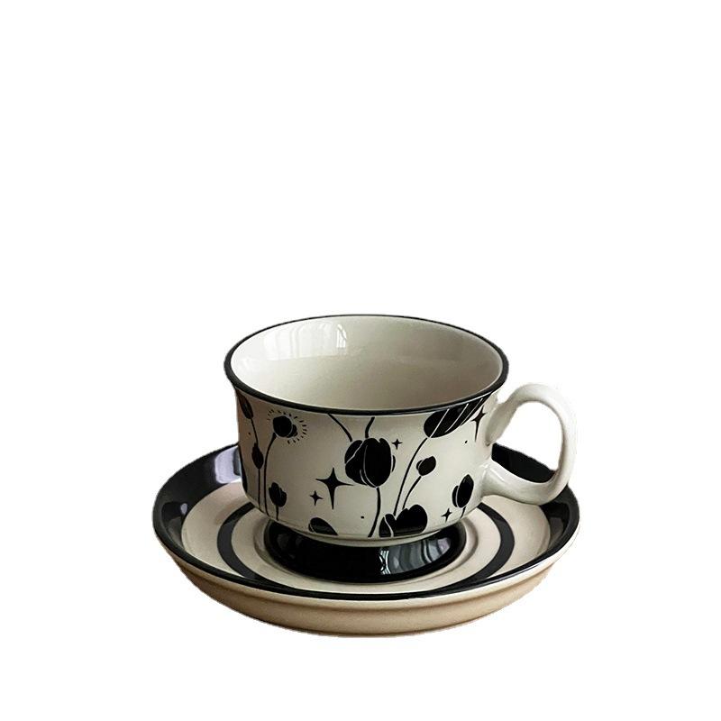 Medieval Premium Black Tulip Ceramic Coffee Cup And Saucer Set High Value Teacup Drinking Cup Latte Cup