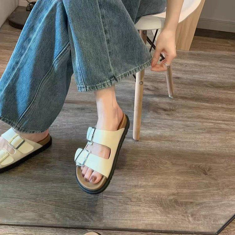 Birkencool Slippers Women'S Summer New Versatile Flat Bottom One Word With Square Buckle Thick Bottom Beach Birkencool Slippers