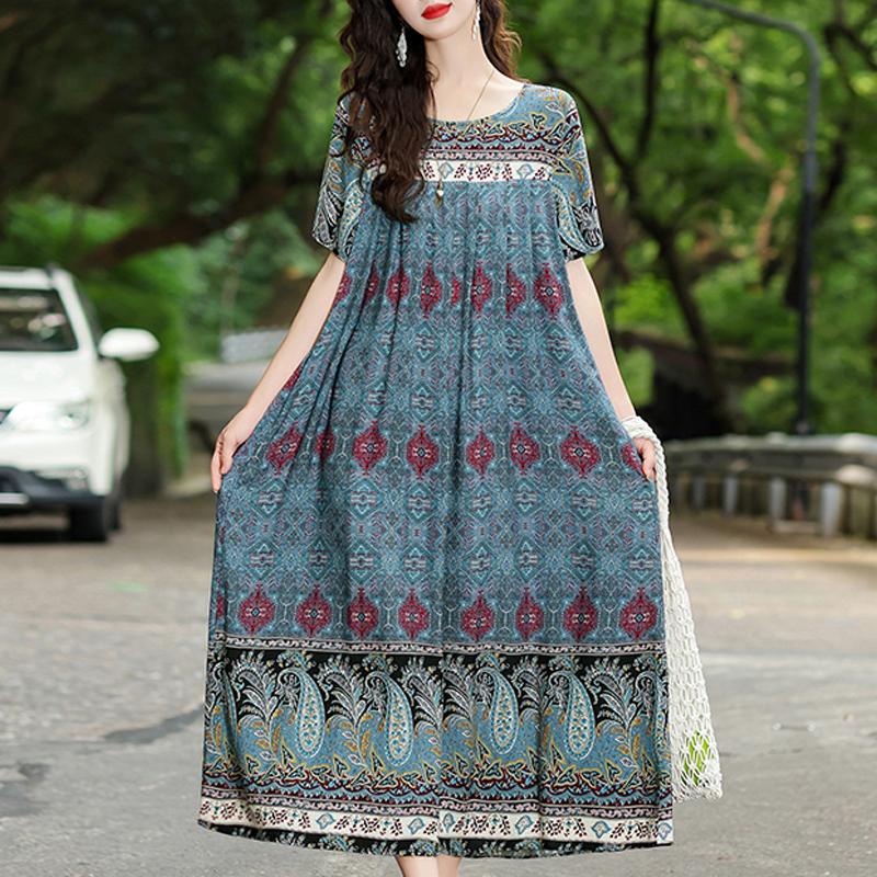 Elegant Summer Loose Dress Woman Vintage Clothes Plus Size Casual Short Sleeve Long Dresses