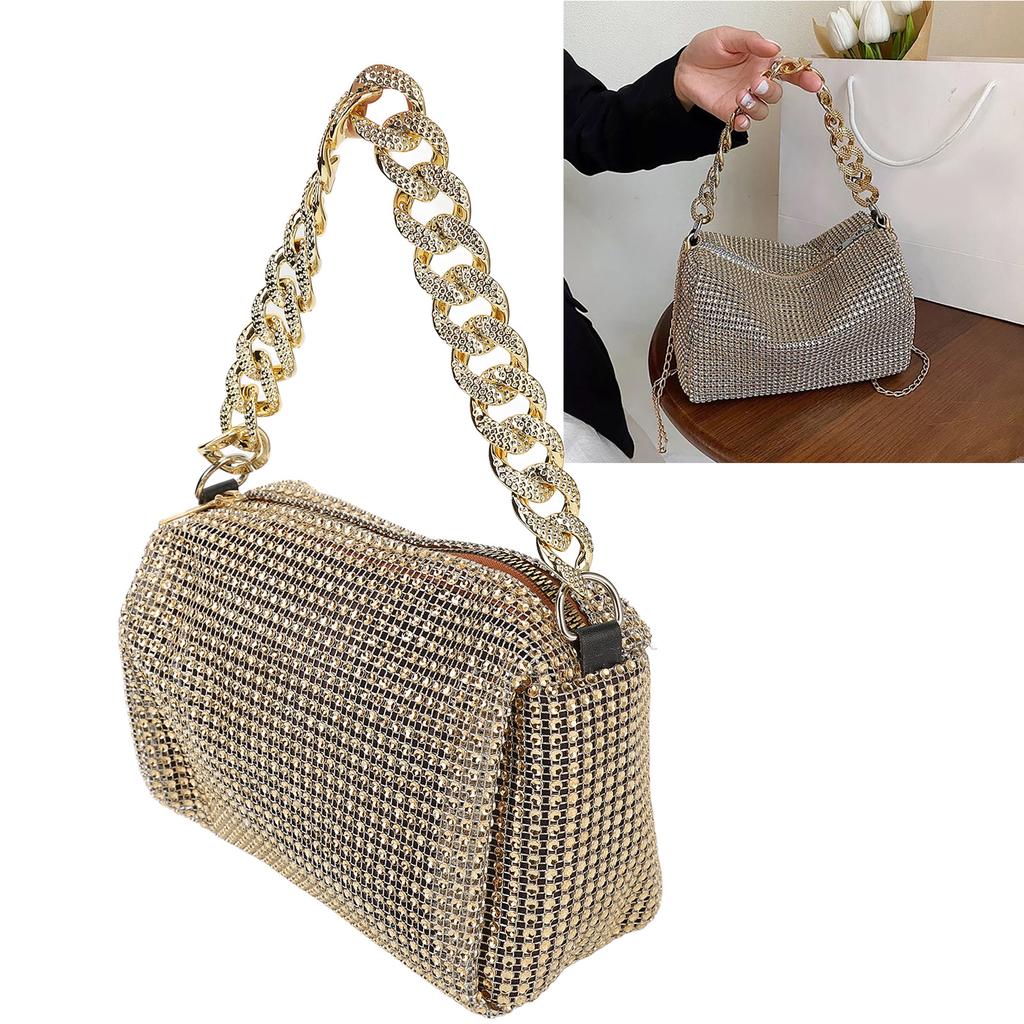 Women Messenger Bag Golden Rhinestones Handbag Thick Chain Messenger Bag Fashionable Trendy Handbag