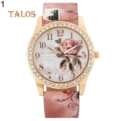 Frauen-Kristallstein-Armbanduhr-Rosen-Muster-Quarz-Armbanduhr