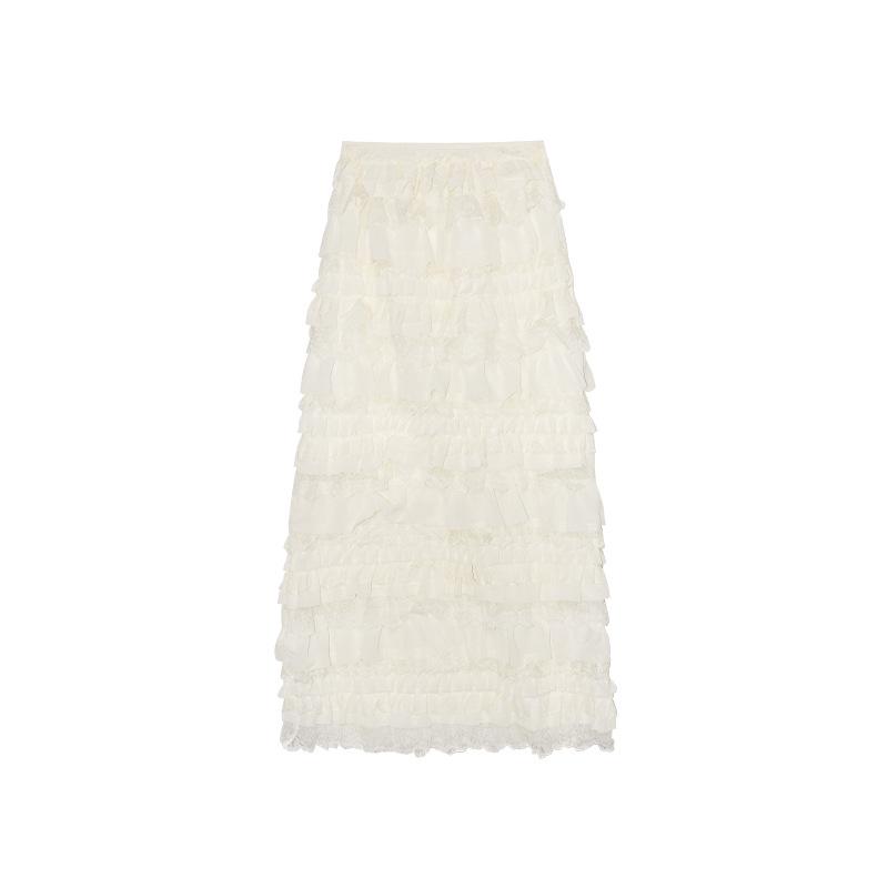 NEWOPEN Summer Pleated Lace High-Waisted Layered Cake Midi Skirt