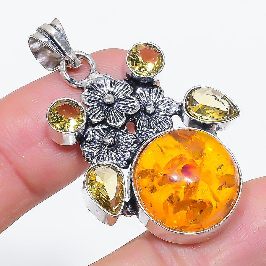 Natural Baltic Amber, Citrine 925 Sterling Silver Jewelry Pendant 1.81" Z0m87