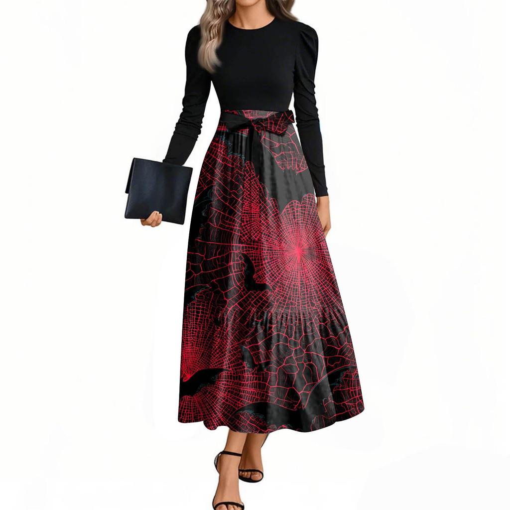 Women's Fashion Casual Belted Long Sleeve Round Neck Halloween Printed Elegant Temperament Dresses