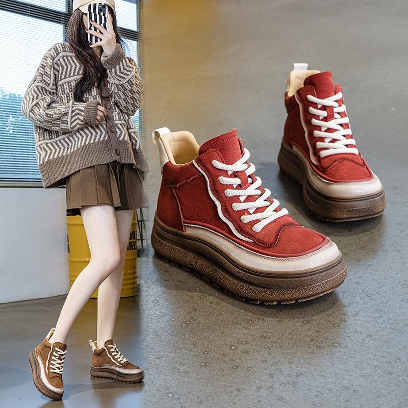 2025 New Women Genuine Leather Ankle Boots Autumn Winter Comfortable Warm Casual Sneakers Street Retro Female Thick Bottom Shoes