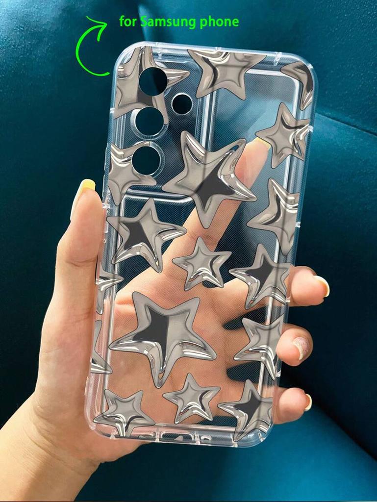 A55 Case for Samsung Galaxy A16 A15 A35 A53 A14 A54 A34 4G S21FE S22 S23 S24 S25 Ultra Transparent Silver Star Print Phone Cover