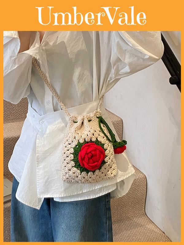 Knitting Crochet Bag For Women With Floral Design And Drawstring Closure For Daily Use