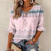 Women's Retro Floral Print Blouse with Ruffle Three-Quarter Sleeves and Tie Front