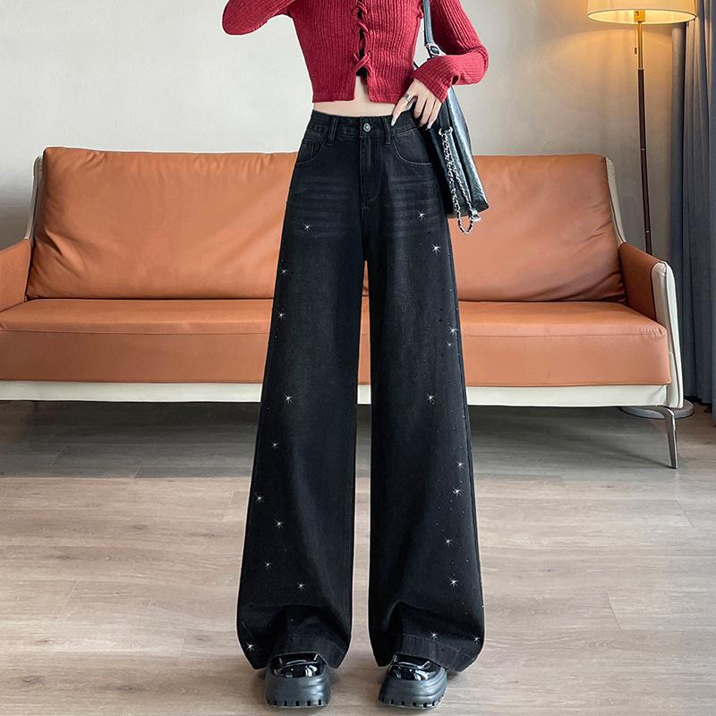 

2026 New Style Women s High-Waisted Loose-Fit Straight-Leg Jeans with Rhinestone Detail and Narrow Wide-Leg Design 2xl