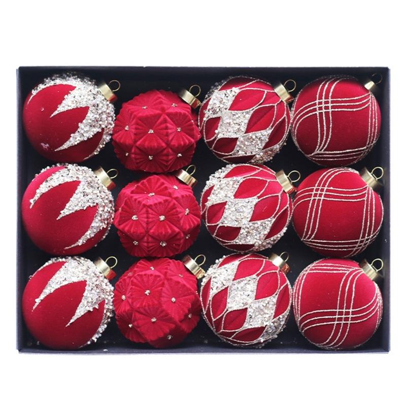 

Set of 12 Flocking Christmas Sphere Ornament Soft Flocking Christmas Sphere 8cm Baubles for Elegant Holiday Trimming вино красного