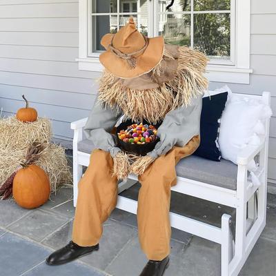 Halloween Dekorationen Animatronische Gruselige Sitzende Vogelscheuche mit Gespenstischem Geräusch Leuchtenden Augen Requisiten Deko für Zuhause Party Innen Veranda Hof Dekoration