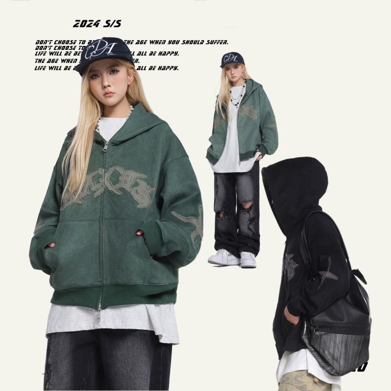 Unisex Oversized Short Hooded Zip-Up Fleece Sweatshirt With Embroidered Letters Patch Detail