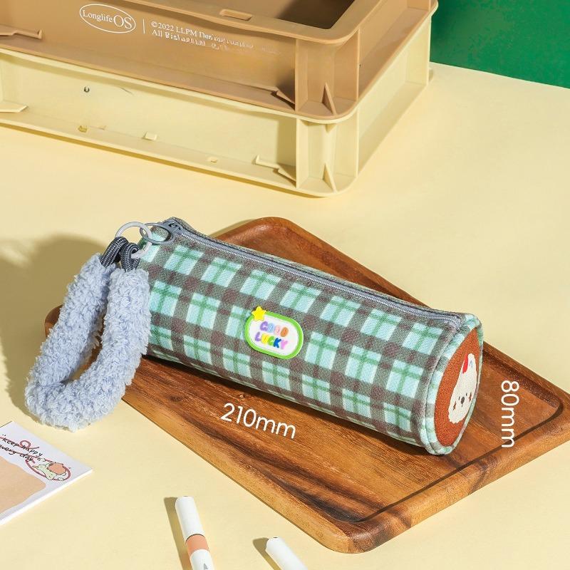 

Cute Plush Portable Striped Cylinder Party Pencil Bag Plaid High-value Dirt-resistant Stationery Bag