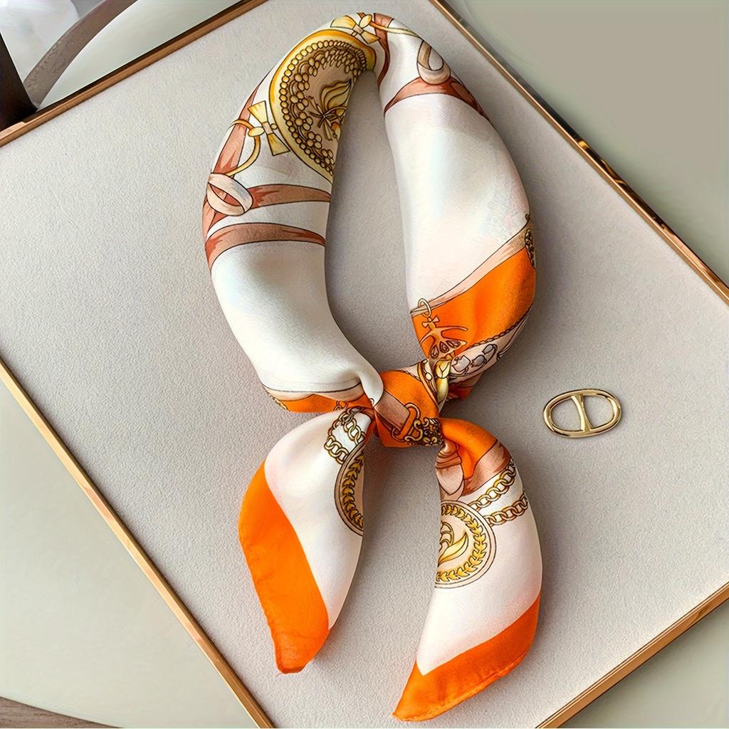 Foulard Carré Imprimé Orange Bleu Marine Fin Respirant Châle Crème Solaire Décontracté Extérieur Coupe-Vent Enveloppe de Tête Pour Femmes