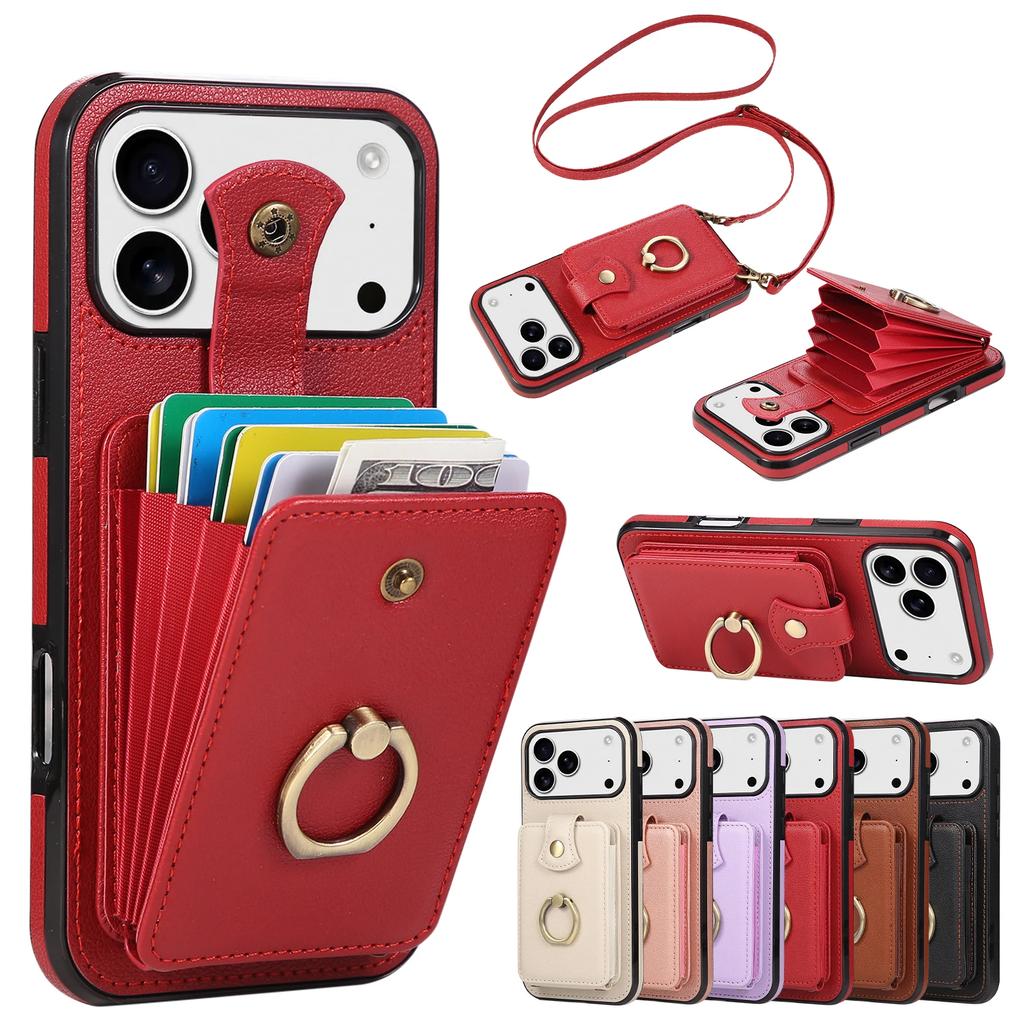 Strap Crossbody Leather Phone Case for iPhone 17 Pro Max Air 17E 16E 16 Plus 15 Pro 14 13 Mini 12 11 Ring Card Holder Bag Cover