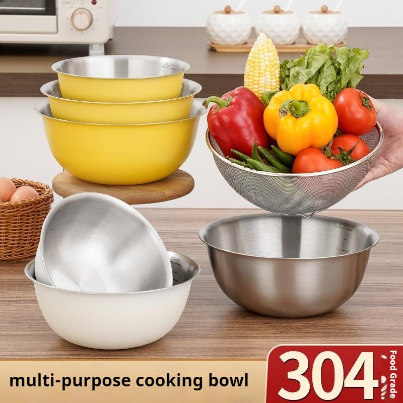 New 304 Stainless Steel Salad Mixing Bowl Sets Egg Beater Basin Dough Food Container Kitchen Fruit Vegetable Whisking Salad Bowl Set
