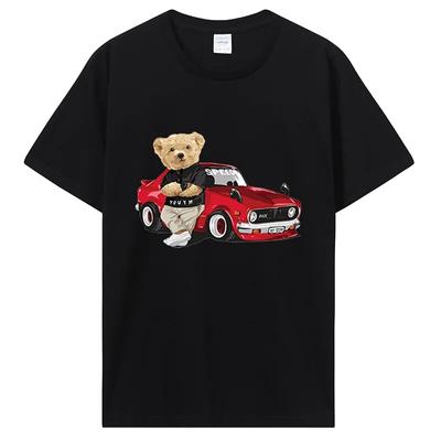 Unisex Graphic T-shirt Teddy Bear Race Car T Shirt Cotton Short Sleeve Tees Oversized Streetwear Unisex Clothing Oversized