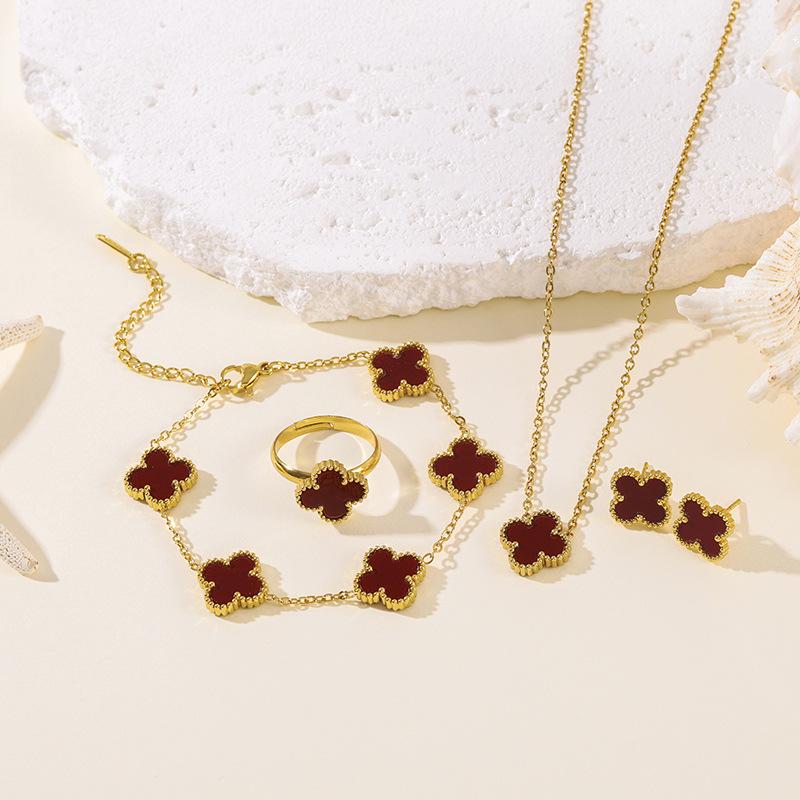 Ensemble de bijoux Style Croix 13MM Double Face Trèfle à Quatre Feuilles Nacre: Bracelet, Boucles d'oreilles, Bague