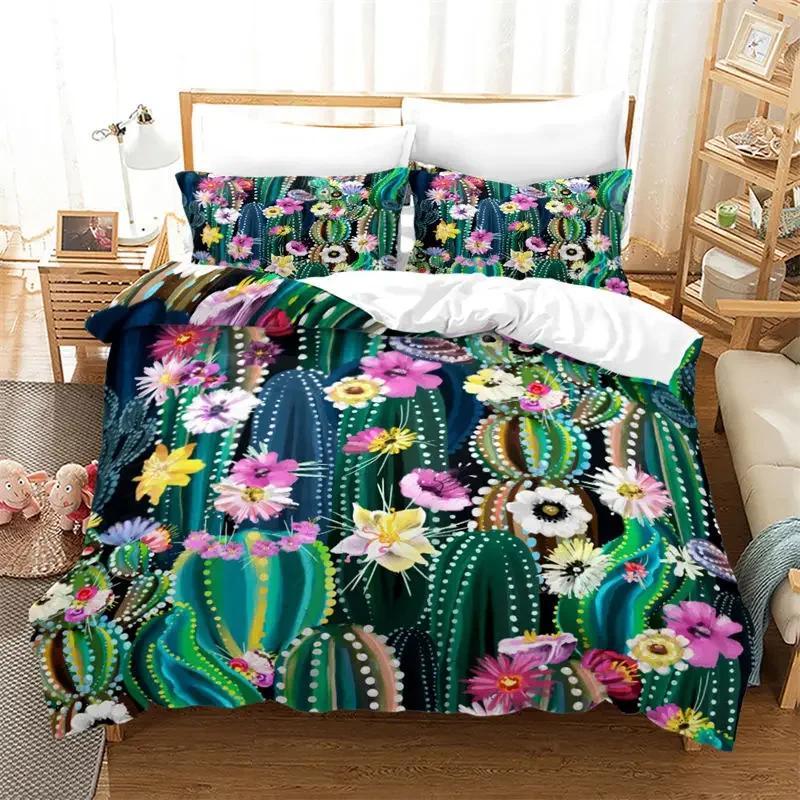 

Шикарний кактусовий постільний набір Квін для дитячого підліткового декору, мультяшні зелені рослини, сукуленти, підодіяльник, природне мистецтво, квітковий чохол для ковдри EU Single(135*200cm)3pcs